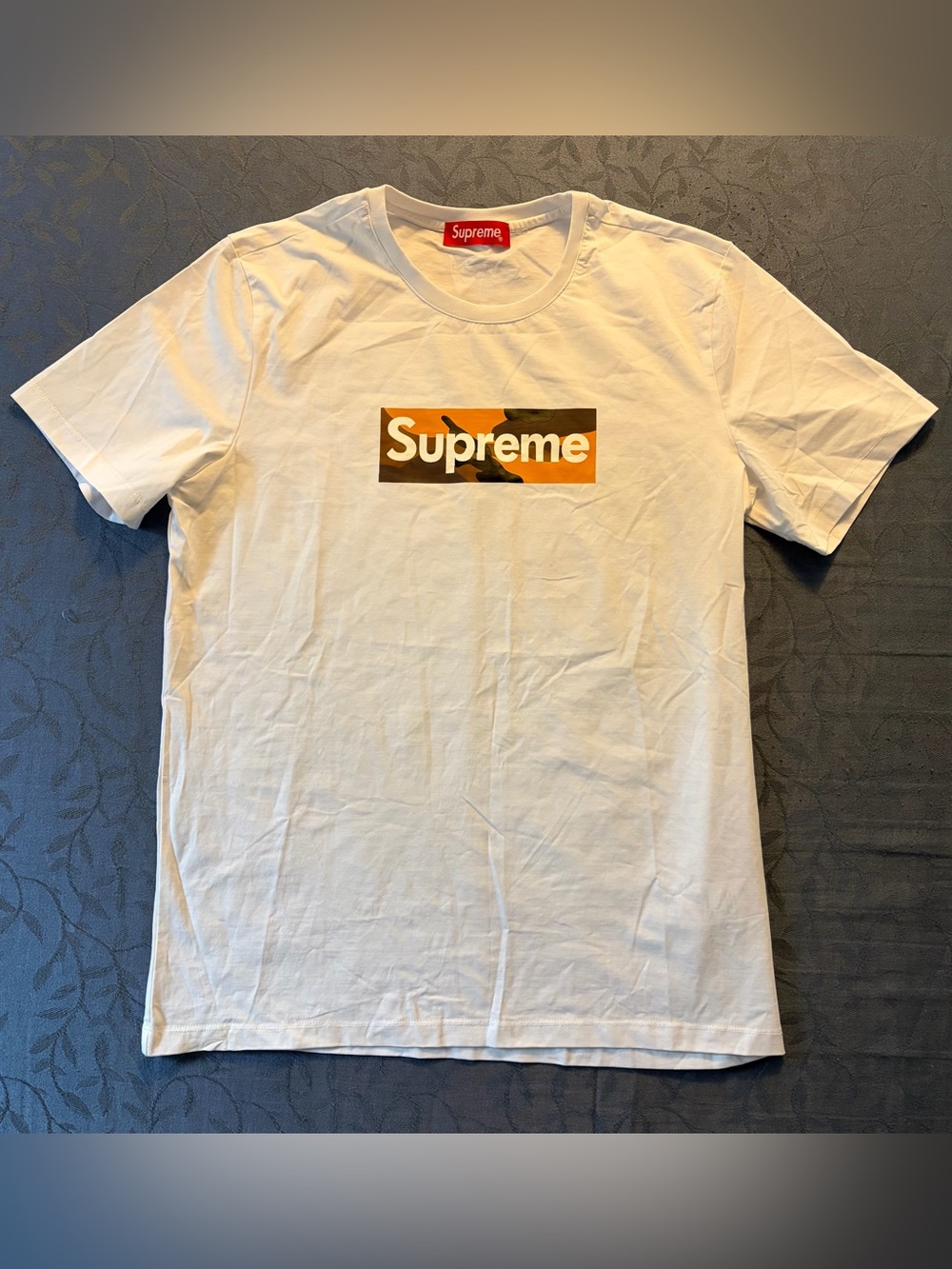 Supreme White T-Shirt with Orange Camo Box Logo Medium